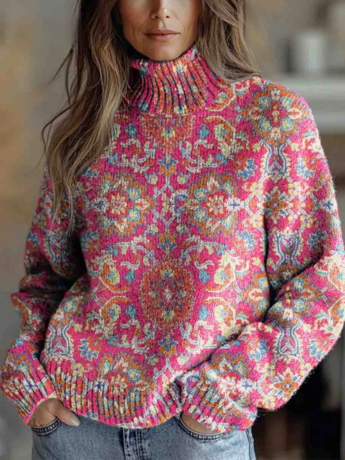 ANNABELLE | RETRO ETHNIC FLORAL TURTLENECK