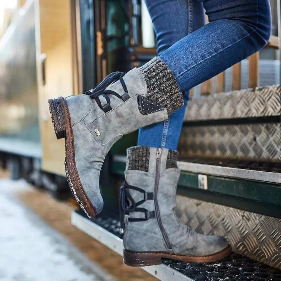 EMMA | KNIT CUFF LACE-UP MID-CALF BOOTS