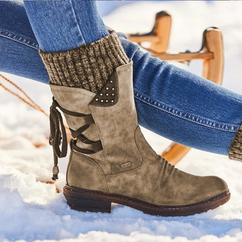 EMMA | KNIT CUFF LACE-UP MID-CALF BOOTS