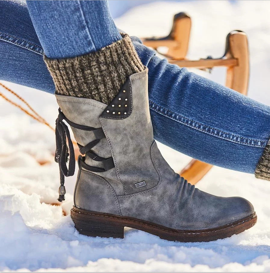 EMMA | KNIT CUFF LACE-UP MID-CALF BOOTS