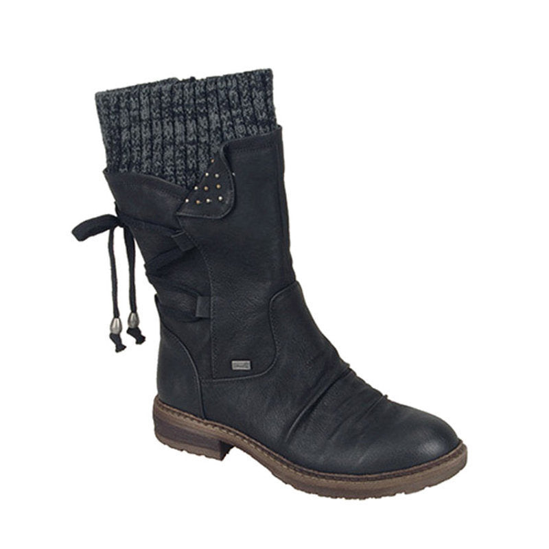 EMMA | KNIT CUFF LACE-UP MID-CALF BOOTS