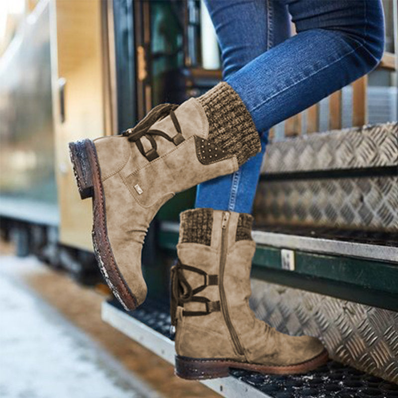 EMMA | KNIT CUFF LACE-UP MID-CALF BOOTS