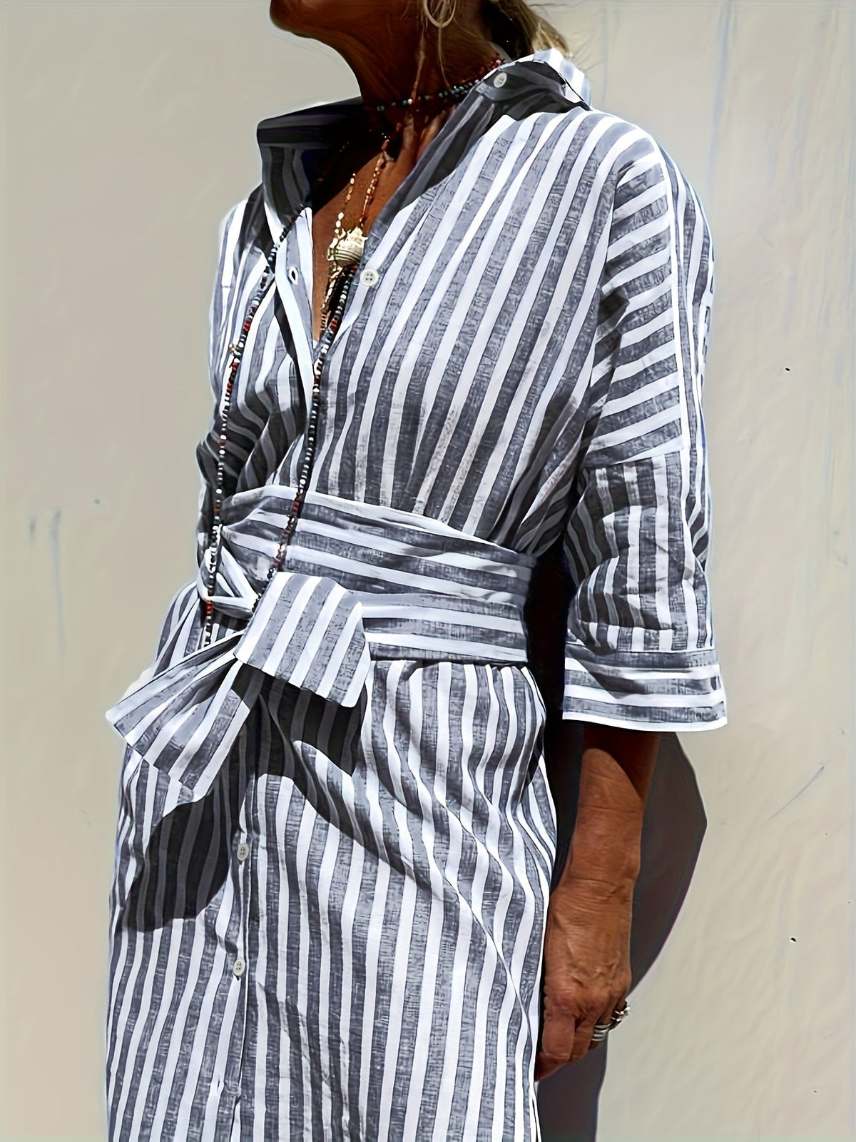 CHRISTINE | STRIPED PRINT DRESS WITH BUTTON CLOSURE AND BELT