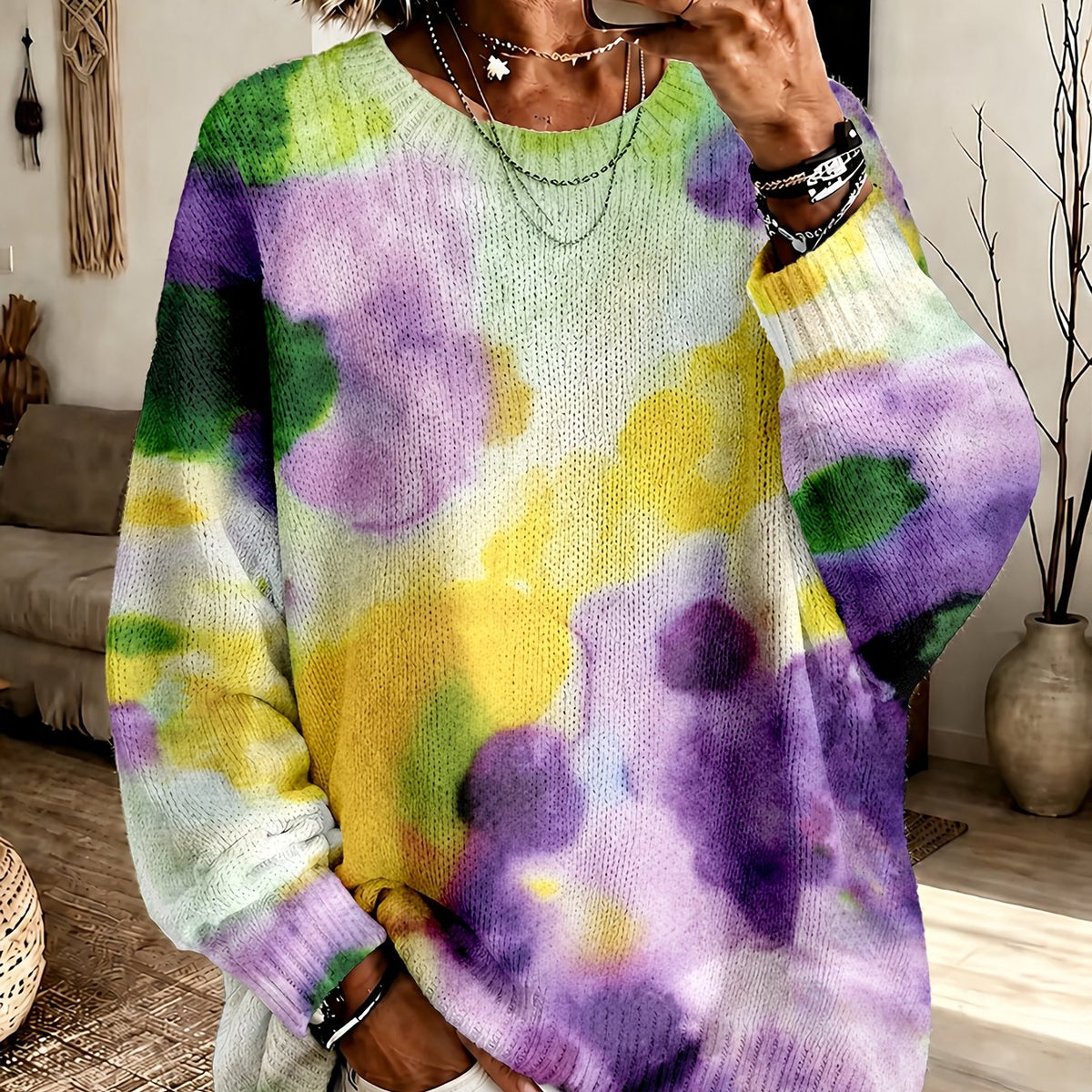 VIOLETTA | PURPLE TIE-DYE FLORAL ROUND-NECK JUMPER