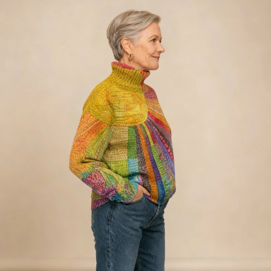 MARA | COLOURFUL SUN COLLAGE PRINT KNIT TURTLENECK PULLOVER JUMPER