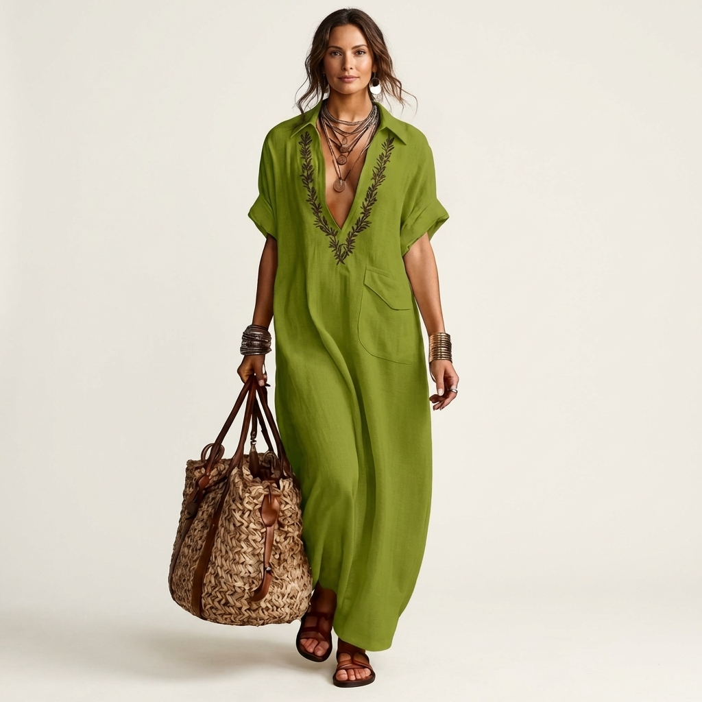 PETRA | EMBROIDERED V-NECK COLLAR MAXI DRESS