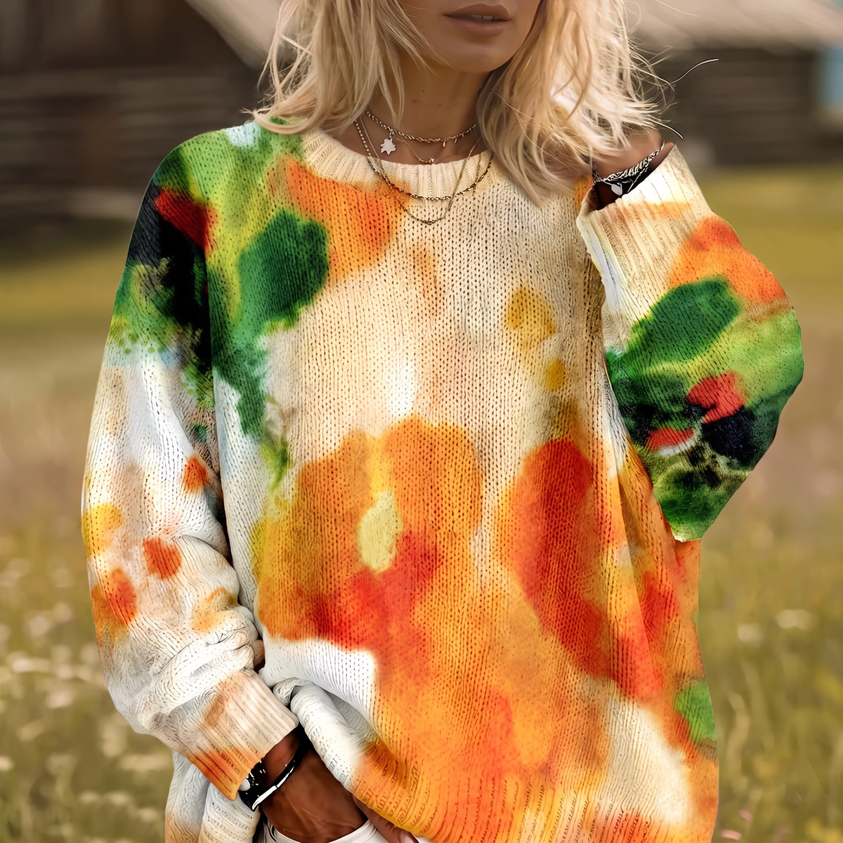 AMBERLEI | ORANGE TIE-DYE FLORAL ROUND-NECK JUMPER
