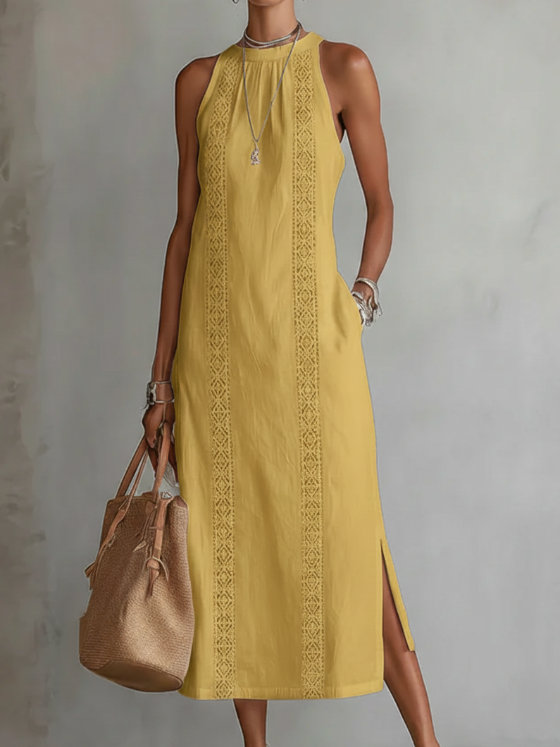 TERESA | RELAXED EMBROIDERED MANDARIN COLLAR MIDI DRESS